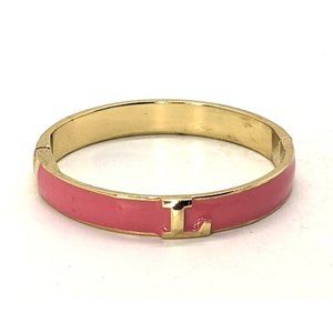 Clamper Bangle BRACELET Pink Enamel Over Gold Tone Metal Initial Monogram L